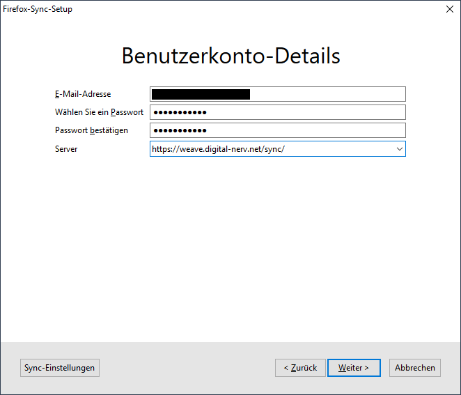 Firefox-Sync-Setup &raquo; Benutzerkonto-Details